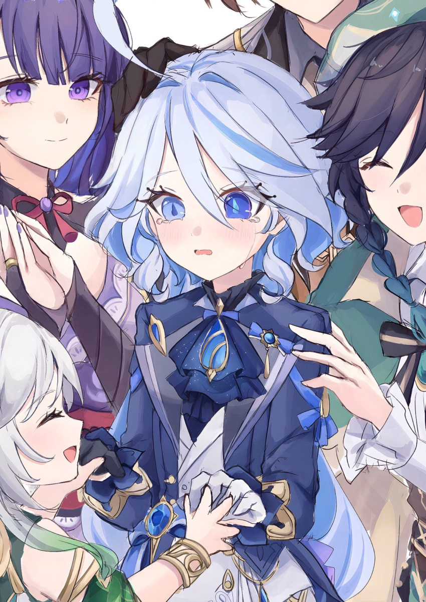 2boys 3girls ahoge ascot asymmetrical_gloves beret black_ascot black_gloves black_hair blue_brooch blue_eyes blue_gemstone blue_hair blue_jacket braid bridal_gauntlets brown_hair cape cowlick crying drop-shaped_pupils furina_(genshin_impact) gem genshin_impact gloves gradient_hair hat head_out_of_frame headpat highres jacket japanese_clothes kimono light_blue_hair long_hair long_sleeves mismatched_pupils multicolored_hair multiple_boys multiple_girls nahida_(genshin_impact) open_mouth pe_eee00 purple_eyes purple_hair purple_kimono raiden_shogun smile solo_focus streaked_hair symbol-shaped_pupils tearing_up two-tone_hair venti_(genshin_impact) white_gloves zhongli_(genshin_impact)