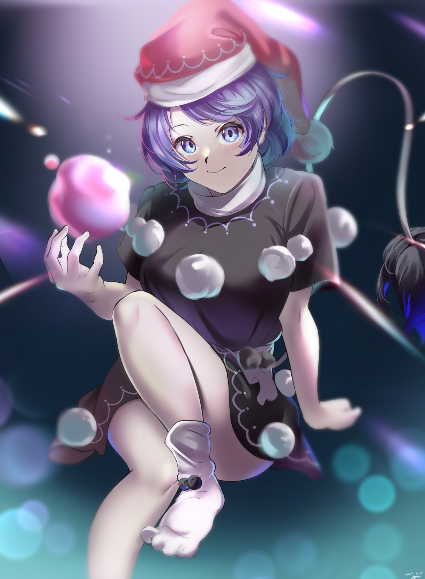 absurdres black_dress blue_eyes blue_hair doremy_sweet dream_soul dress female foot_out_of_frame hand_up hat highres leg_up nightcap pom_pom_(clothes) red_headwear short_hair short_sleeves sitting socks tail thighs touhou white_socks yujin_(kanouyuuto-0423)