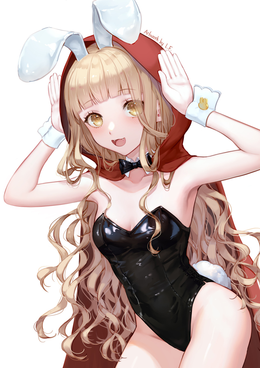 animal_ears arms_up artist_name blonde_hair blunt_bangs blush breasts cleavage cloak curly_hair detached_collar fangs female hands_up highleg highleg_leotard highres hood hood_up hooded_cloak leotard lf_(paro) long_hair looking_at_viewer open_mouth playboy_bunny rabbit_ears rabbit_pose rabbit_tail red_cloak red_riding_hood_(sinoalice) shiny_clothes sinoalice small_breasts solo strapless strapless_leotard tail thighs upper_body white_background yellow_eyes