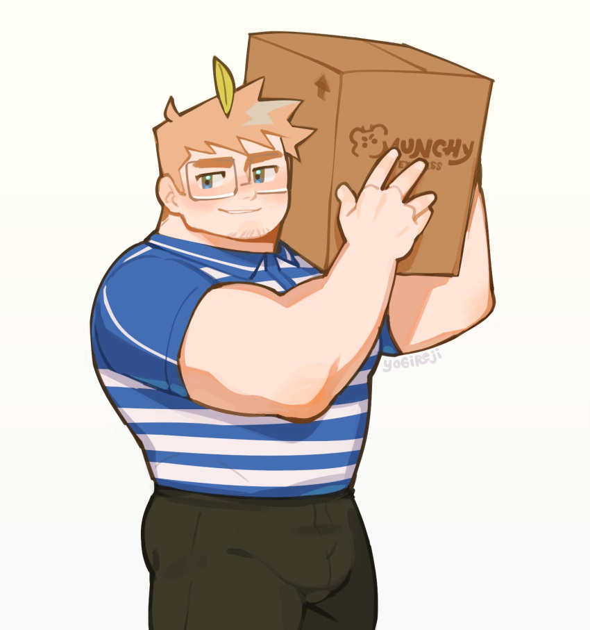 1boy bara box bulge cardboard_box carrying_over_shoulder clip_studio_paint_(medium) delivery employee_uniform facial_hair feet_out_of_frame glasses goatee_stubble highres holding holding_box indie_virtual_youtuber large_pectorals looking_at_viewer male_focus muscular muscular_male package pants pectorals reji_(yogireji) sagawa_express seductive_smile short_hair smile solo stubble thick_eyebrows uniform virtual_youtuber yogireji