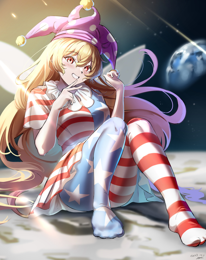 absurdres american_flag_dress american_flag_legwear blonde_hair clownpiece earth_(planet) fairy_wings female frilled_shirt_collar frills grin hat highres jester_cap long_hair moon on_ground on_moon pantyhose pink_hat planet polka_dot red_eyes short_sleeves sitting smile solo space touhou wings yujin_(kanouyuuto-0423)