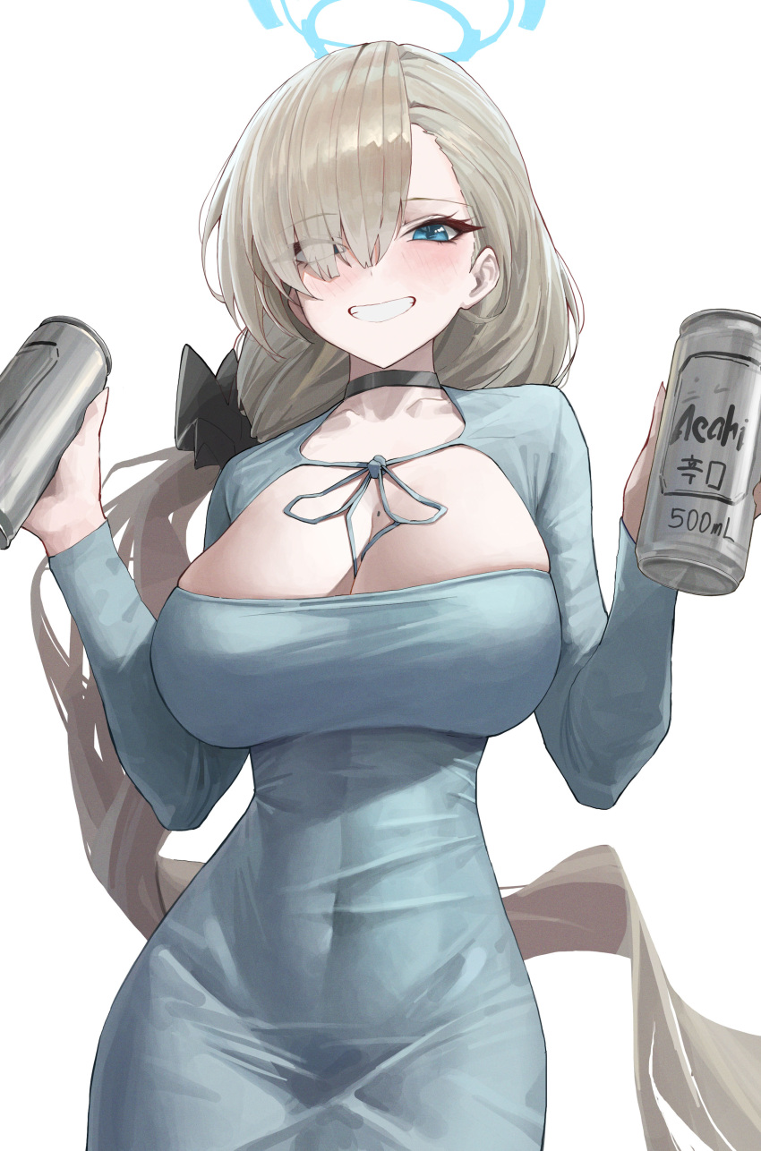 absurdres alcohol alternate_costume asahi_breweries asuna_(blue_archive) beer black_choker blue_archive blue_dress blue_eyes blue_halo blush breasts can choker commentary dongtan_dress dress eyes_visible_through_hair female grey_hair grin hair_over_one_eye halo highres holding holding_can hwan_(verypoor) large_breasts long_hair long_sleeves meme_attire simple_background smile solo teeth white_background