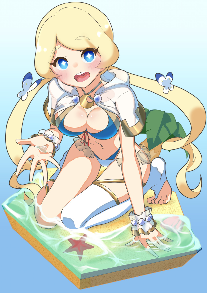 +_+ :d absurdres asymmetrical_legwear bikini blonde_hair blue_background blue_bikini breasts bug butterfly cleavage commentary_request fantasy_life female full_body gradient_background hand_up highres kurushima_gire medium_breasts mismatched_legwear ocean sand seashell shell smile solo starfish swimsuit tree twintails water yuelia_(fantasy_life)