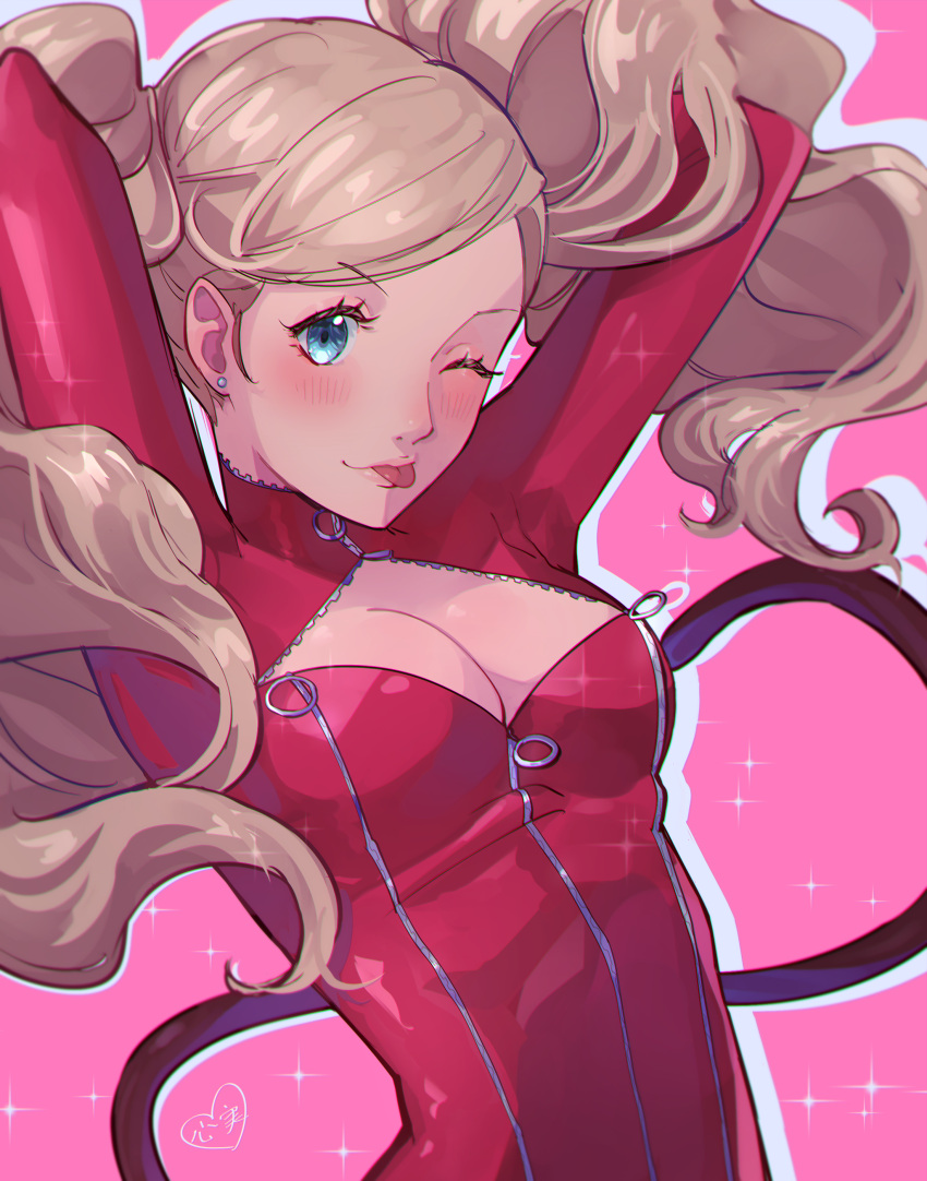 ;p absurdres arms_behind_head blonde_hair blue_eyes bodysuit breasts cleavage cleavage_cutout clothing_cutout earrings fake_tail female highres jewelry kokomi_(aniesuakkaman) long_hair looking_at_viewer medium_breasts one_eye_closed panther_tail persona persona_5 pink_background red_bodysuit solo sparkle stud_earrings swept_bangs tail takamaki_anne tongue tongue_out twintails upper_body zipper