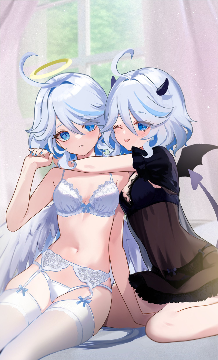 2girls absurdres angel_wings bat_wings black_bra black_dress black_panties blue_eyes blue_hair bra commentary_request demon_horns demon_tail dress furina_(genshin_impact) genshin_impact grey_hair heterochromia highres horns lingerie long_hair mismatched_pupils multicolored_hair multiple_girls navel one_eye_closed panties rrr_gns_(riuriu_1212) stomach tail thighhighs tongue tongue_out underwear white_bra white_panties white_thighhighs wings