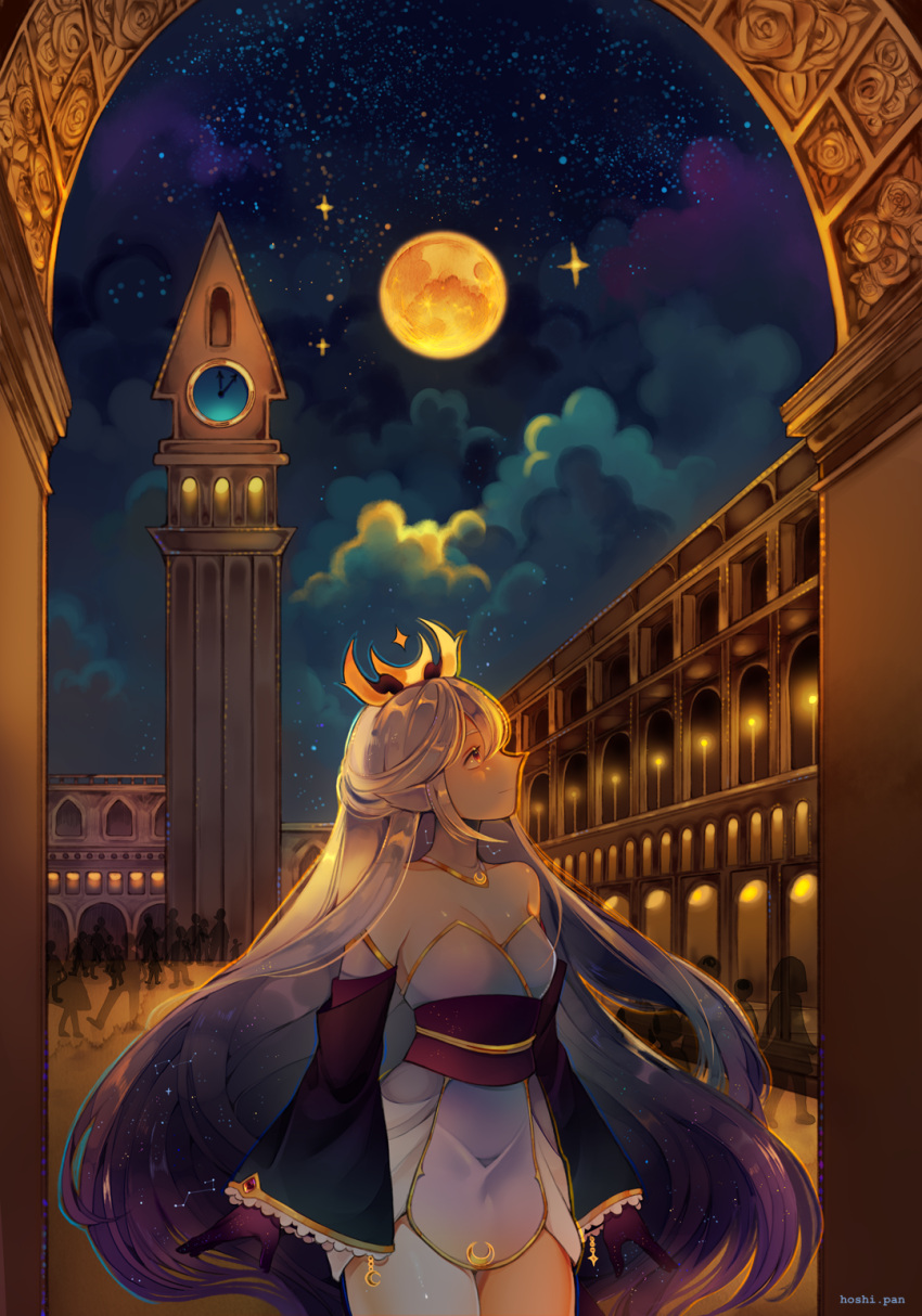 arch bare_shoulders candle clock clock_tower closed_mouth cloud commentary commission cowboy_shot crescent_print crown detached_sleeves dress english_commentary eyelashes female frilled_sleeves frills full_moon glowing_windows gold_necklace gold_trim gradient_hair highres hoshi-pan jewelry layered_sleeves long_hair looking_to_the_side looking_up moon multicolored_hair necklace night night_sky orange_eyes original outdoors people pointy_ears purple_hair purple_sleeves short_dress sky sleeveless sleeveless_dress sleeves_past_wrists smile solo sparkle star_(sky) tower town very_long_hair white_dress white_hair white_sleeves yellow_headwear yellow_moon