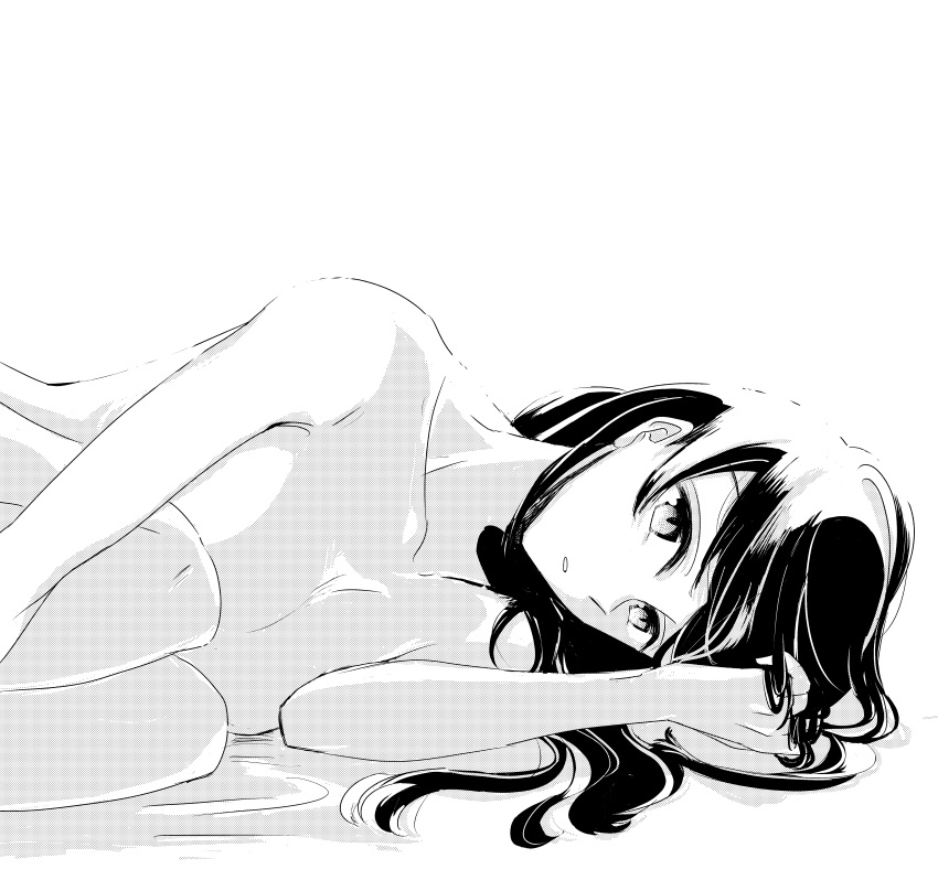 absurdres commentary_request completely_nude female greyscale hair_spread_out highres legs_folded long_hair looking_at_viewer monochrome nanami_touko nude open_mouth r-it-sum-io-17 wavy_hair white_background yagate_kimi_ni_naru