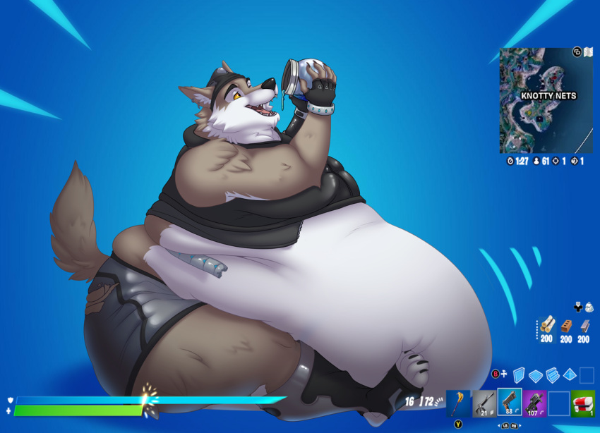 2023 4_toes 5_fingers anthro anuvia ass belly belly_expansion big_belly big_butt black_nose bloated blue_background bottomwear brown_body brown_fur canid canine canis clothing english_text epic_games expansion feet fingerless_gloves fingers footwear fortnite fur gloves grey_body grey_fur handwear hotpants huge_belly hyper hyper_belly liquid_inflation male mammal minimap multicolored_body multicolored_fur open_mouth pink_tongue shield_potion shorts simple_background sitting solo teeth text tight_clothing toes tongue topwear two_tone_body two_tone_fur user_interface vest wendell_(fortnite) wolf