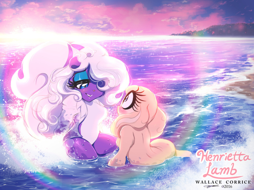 anthro beach blush bovid caprine detailed_background digital_media_(artwork) duo eyelashes eyeshadow female female/female feral fur hair henrietta_the_little_lamb makeup mammal mephitid multicolored_body partially_submerged purple_body purple_fur rainbow seaside sheep sitting sitting_in_water skunk smile striped_skunk submerged_legs sweet_scent_(henrietta_lamb) tail two_tone_body walliscolours water wet wet_body wet_fur white_body white_fur