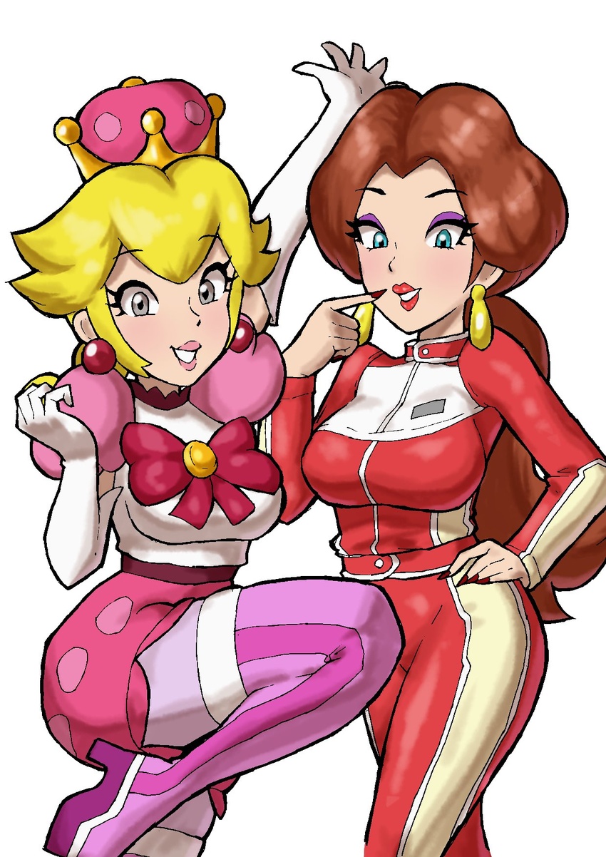 2girls blonde_hair blue_eyes bodysuit boots breasts brown_hair crown dangle_earrings earrings elbow_gloves gloves grey_eyes hand_on_own_hip highres jewelry large_breasts lips looking_at_viewer makeup mario_(series) mario_kart mario_kart_8 multiple_girls nail_polish pantyhose pauline_(mario) peachette pink_footwear pink_shorts ponytail puffy_short_sleeves puffy_sleeves red_bodysuit red_nails ribbon shirt short_sleeves short_twintails shorts simple_background smile sphere_earrings super_crown thighhighs toggy_keiichi twintails white_background white_gloves white_shirt zettai_ryouiki