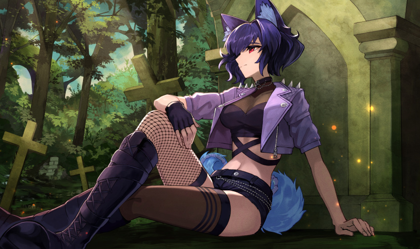 absurdres animal_ears arm_on_knee asymmetrical_legwear blue_hair boots borrowed_character commission crop_top cropped_jacket cross crossed_legs day female fingerless_gloves fishnet_thighhighs fishnets forest gloves highres knee_up midriff mismatched_legwear nature navel original outdoors red_eyes short_hair short_shorts shorts single_glove sitting skeb_commission smile solo statue tail teo_(telo_ruka) thighhighs tombstone tree wolf_ears wolf_girl wolf_tail