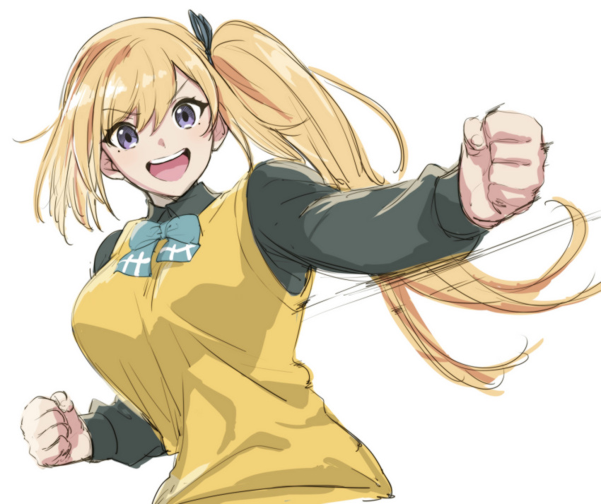 aoba_(smartbeat) black_shirt blonde_hair blue_ribbon blush bow bowtie breasts female fighting_stance hair_ribbon highres kawakami_mai large_breasts long_hair long_sleeves looking_at_viewer mole mole_under_eye musaigen_no_phantom_world open_mouth purple_eyes ribbon shirt side_ponytail smile solo sweater_vest vest yellow_vest