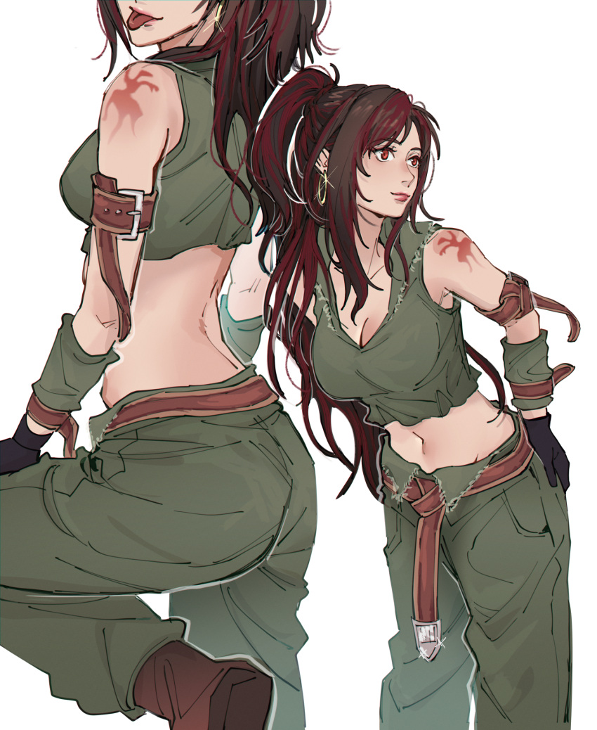 arm_belt arm_tattoo belt black_hair breasts brown_eyes cleavage cosplay crop_top earrings female final_fantasy final_fantasy_ix final_fantasy_vii final_fantasy_vii_ever_crisis highres hoop_earrings jewelry leaning_forward multicolored_hair multiple_views navel official_alternate_costume official_alternate_hairstyle ponytail pudelmudel red_hair salamander_coral salamander_coral_(cosplay) sleeveless smile stomach tattoo tifa_lockhart tifa_lockhart_(amarant's_guise) tongue tongue_out two-tone_hair