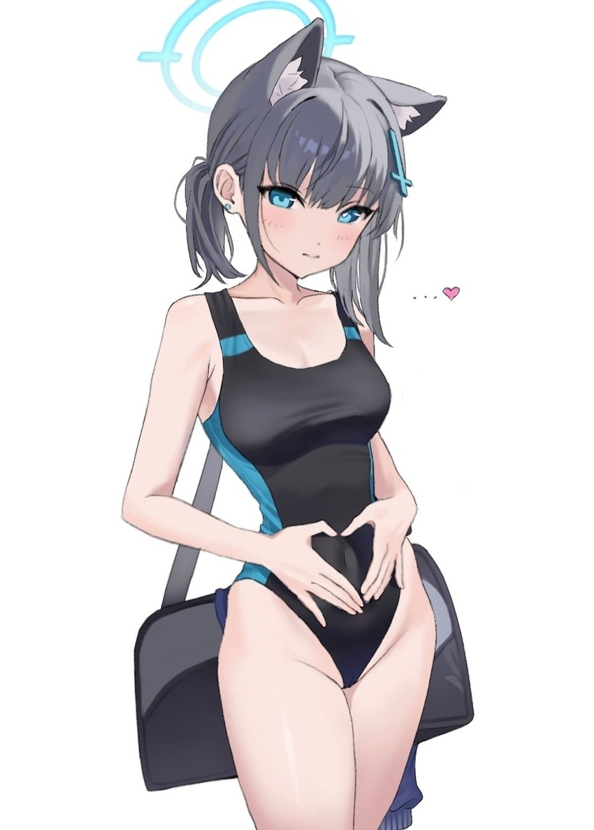 ... 5uj0 animal_ear_fluff animal_ears bag blue_archive blue_eyes blush breasts cameltoe cleavage closed_mouth collarbone competition_swimsuit covered_navel cowboy_shot cross_hair_ornament earrings extra_ears female grey_hair groin hair_ornament halo hands_on_own_stomach heart heart_hands highres jewelry looking_at_viewer mismatched_pupils official_alternate_costume one-piece_swimsuit school_bag shiroko_(blue_archive) shiroko_(swimsuit)_(blue_archive) short_ponytail simple_background small_breasts solo standing stud_earrings swimsuit uterus_pose white_background wolf_ears