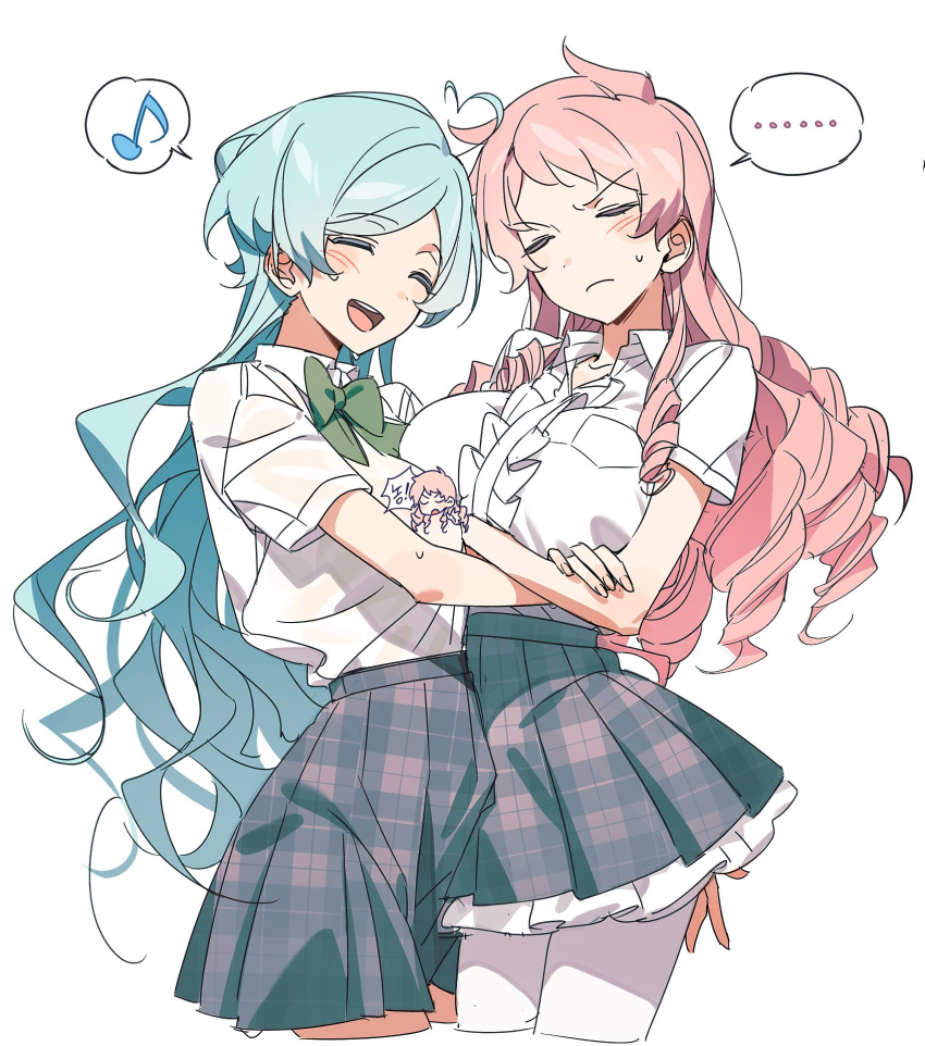 ... 2girls ahoge blue_hair blush closed_eyes closed_mouth ensemble_stars! genderswap_(mtf) highres hisu_(hiss_1107) itsuki_shu multiple_girls musical_note open_mouth pink_hair plaid plaid_skirt rule_63 school_uniform shinkai_kanata shirt short_sleeves skirt spoken_ellipsis spoken_musical_note teeth white_shirt