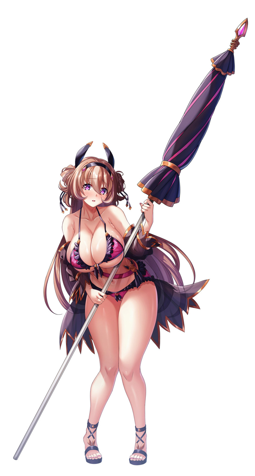 armpit_crease bare_shoulders beach_umbrella belt bikini black_jacket breasts brown_hair collarbone commentary commentary_request female frilled_bikini frills hair_between_eyes hair_ornament hairband highres holding holding_umbrella horns jacket jacket_partially_removed jewelry kyonyuu_fantasy kyonyuu_fantasy_burst large_breasts leaning_forward legs long_hair looking_at_viewer micro_bikini multicolored_hair nail_polish navel official_alternate_costume official_art open_mouth pink_bikini pink_eyes ribbon saijou_satoru sandals see-through see-through_jacket sidelocks simple_background solo streaked_hair swimsuit theresia_(kyonyuu_fantasy_burst) toenail_polish toenails toes umbrella very_long_hair white_background white_hair