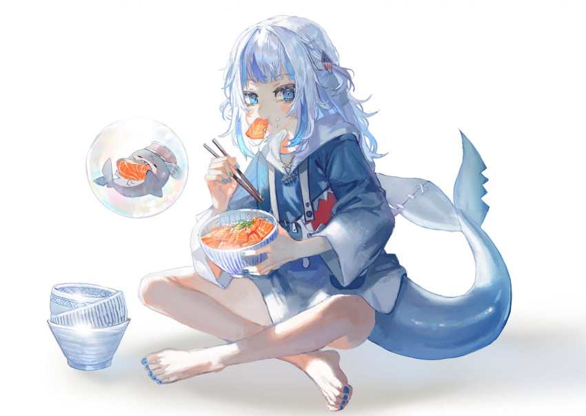 animal_costume barefoot bloop_(gawr_gura) blue_eyes blue_hair blue_nails blunt_bangs bowl bowl_stack bubble chopsticks crossed_legs female fins fish_(food) fish_tail food food_in_mouth food_on_face gawr_gura gawr_gura_(1st_costume) hair_ornament highres holding holding_bowl hololive hololive_english legs looking_at_viewer medium_hair multicolored_hair nail_polish no_pants quasarcake rice shark_costume shark_girl shark_hair_ornament shark_tail sidelocks stitches streaked_hair tail two_side_up virtual_youtuber white_background white_hair wide_sleeves