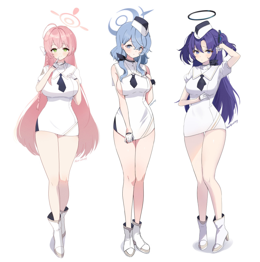 3girls absurdres ahoge ako_(blue_archive) ash_(cat7evy) blue_archive blue_eyes blue_hair boots breasts collar dress green_eyes halo hanako_(blue_archive) high_heels highres large_breasts long_hair looking_at_viewer mechanical_halo medium_hair multiple_girls official_alternate_costume pink_hair purple_eyes purple_hair short_dress two_side_up utnapishtim_operator_uniform_(blue_archive) white_dress white_footwear yuuka_(blue_archive)