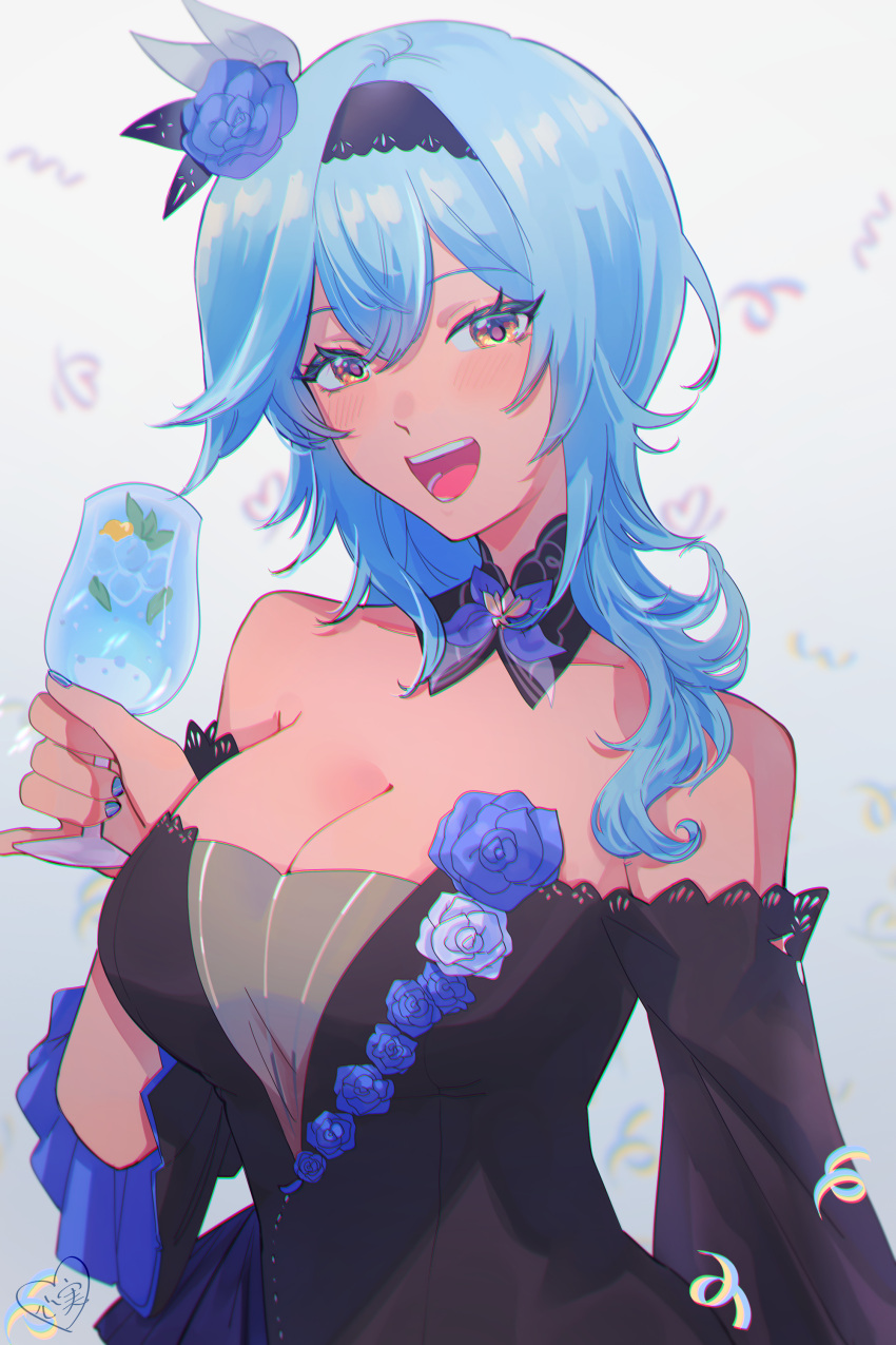 :d absurdres asymmetrical_hair black_dress black_hairband blue_flower blue_hair blue_nails blue_rose breasts butterfly_hair_ornament chromatic_aberration cleavage cup detached_collar dress dress_flower eula_(genshin_concert)_(genshin_impact) eula_(genshin_impact) female flower genshin_impact gradient_eyes hair_between_eyes hair_flower hair_ornament hairband highres holding holding_cup kokomi_(aniesuakkaman) large_breasts long_hair multicolored_eyes off-shoulder_dress off_shoulder official_alternate_costume rose simple_background smile solo