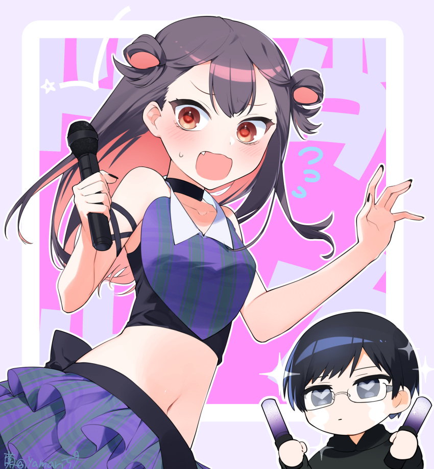 1boy absurdres bare_shoulders black_choker black_hair black_nails black_sweater blush brown_hair choker closed_mouth collarbone colored_inner_hair crying damedol_to_sekai_ni_hitori_dake_no_fan dress female frilled_skirt frills glasses glowstick hands_up happy_tears heart heart-shaped_pupils highres holding holding_glowstick holding_microphone idol layered_skirt long_hair looking_at_viewer mari_(rodoney-kiara) microphone midriff multicolored_hair navel oerba_yun_fang okuta_kimiya open_mouth orange_hair penlight_(glowstick) purple_skirt short_hair signature skirt sleeveless sleeveless_dress sparkle sweatdrop sweater swept_bangs symbol-shaped_pupils tears urumin_(damedol_to_sekai_ni_hitori_dake_no_fan) wavy_mouth