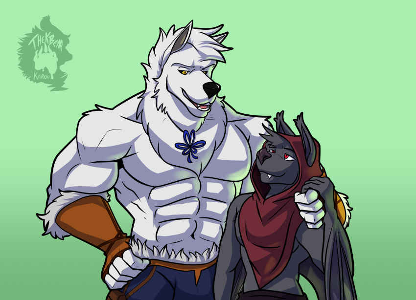 absurd_res alexander_talbain anthro arm_around_neck arm_around_partner bat canid canine canis eye_contact gradient_background hi_res looking_at_another looking_at_partner male male/male male_anthro mammal muscular muscular_male simple_background size_difference thekinkybear wolf