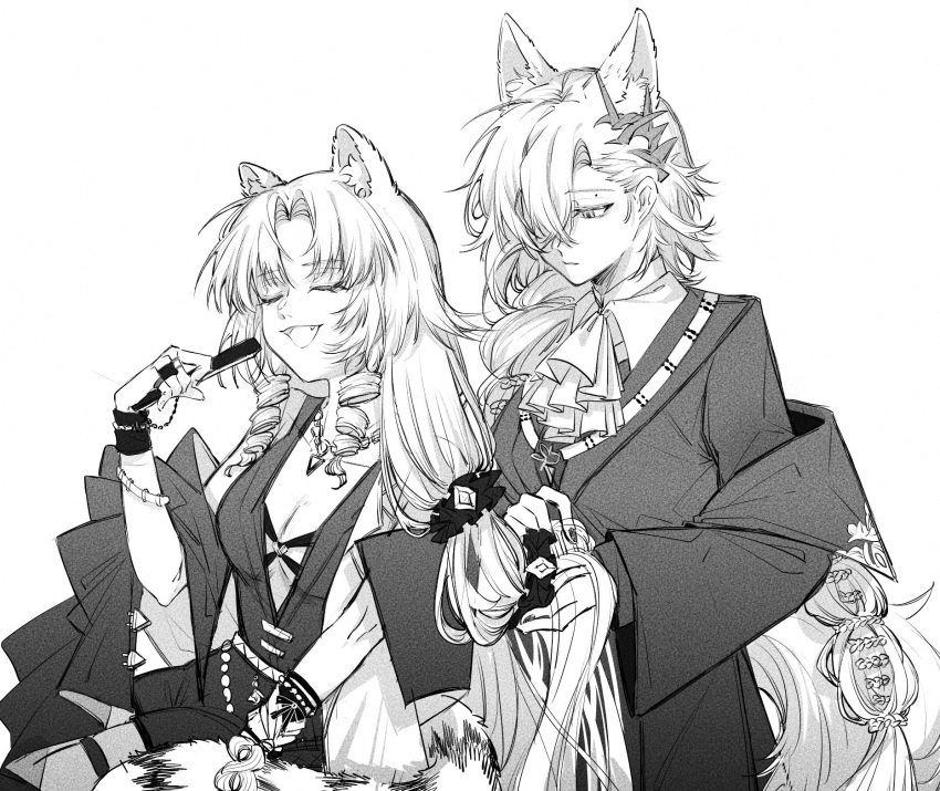 2girls animal_ears arknights ascot breasts brushing_hair cang_canggg censored cleavage closed_eyes coat dress drill_hair drill_sidelocks folded_fan folding_fan greyscale hair_between_eyes hair_ornament hair_over_one_eye hand_fan hand_in_another's_hair hands_in_hair highres holding holding_another's_hair holding_fan layered_sleeves long_hair long_sleeves mole mole_above_eye monochrome multiple_girls oerba_yun_fang off_shoulder official_alternate_costume open_clothes open_coat open_mouth penance_(arknights) sidelocks simple_background small_breasts swire_(arknights) swire_the_elegant_wit_(arknights) tail tiger_ears tiger_girl tiger_tail tying_another's_hair tying_hair very_long_hair white_background wolf_ears wolf_girl wolf_tail