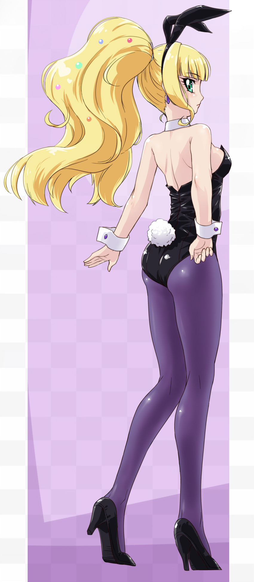 absurdres animal_ears ass black_leotard blonde_hair blue_eyes cure_finale delicious_party_precure dengeki_gx detached_collar female from_behind full_body green_eyes highres kasai_amane leotard long_hair looking_at_viewer pantyhose playboy_bunny precure purple_pantyhose rabbit_ears rabbit_tail solo standing strapless strapless_leotard tail wrist_cuffs