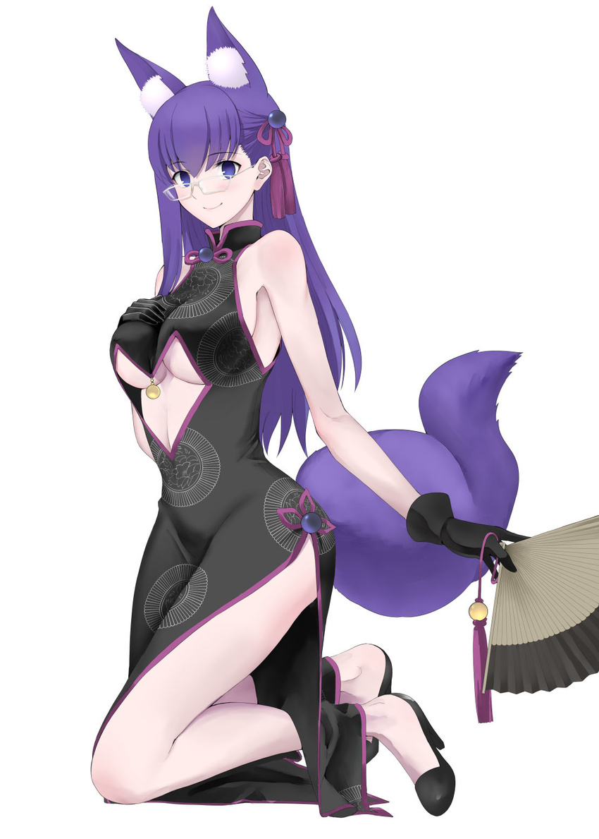 animal_ear_fluff animal_ears bare_shoulders black_dress black_gloves breasts center_opening china_dress chinese_clothes cosplay dress fate/grand_order fate/stay_night fate_(series) female folding_fan fox_ears fox_girl fox_tail gloves hair_between_eyes hand_fan highres holding holding_fan indian_clothes koyanskaya_(chinese_lostbelt_outfit)_(fate) koyanskaya_(chinese_lostbelt_outfit)_(fate)_(cosplay) koyanskaya_(fate) koyanskaya_(fate)_(cosplay) large_breasts long_hair looking_at_viewer matou_sakura pectorals purple_eyes purple_hair shirotsumekusa sidepec smile solo tail tamamo_(fate) tassel underboob white-framed_eyewear