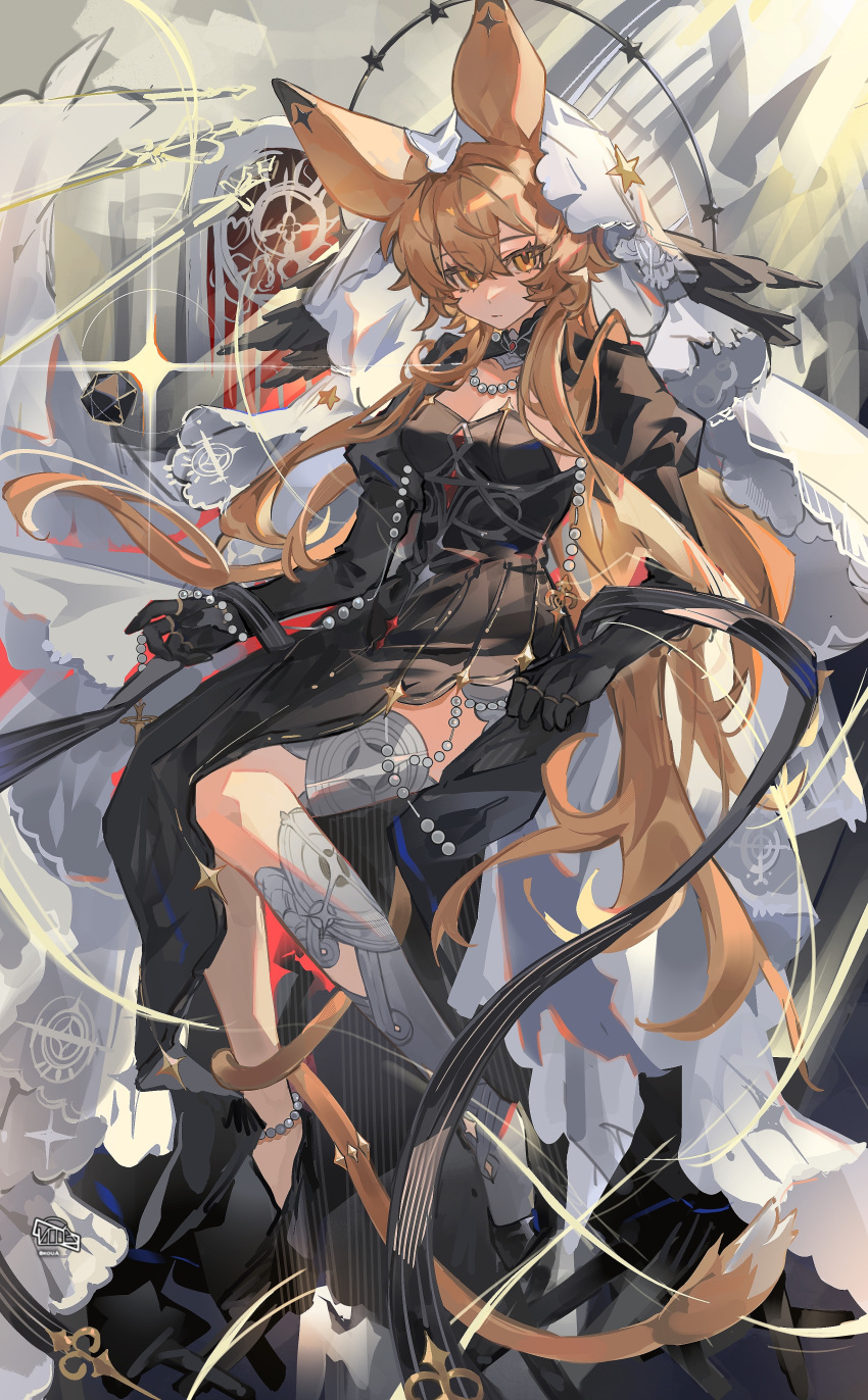 absurdres animal_ears arknights asymmetrical_legwear black_dress black_footwear black_gloves blonde_hair breasts buzhidaojiaoshenmekoua cleavage closed_mouth commentary_request dice dorothy_(arknights) dorothy_(hand_of_destiny)_(arknights) dress expressionless female full_body gloves hair_between_eyes highres juliet_sleeves long_hair long_sleeves looking_at_viewer medium_breasts mouse_ears mouse_girl official_alternate_costume puffy_sleeves shoes signature single_thighhigh solo thighhighs veil very_long_hair white_thighhighs yellow_eyes