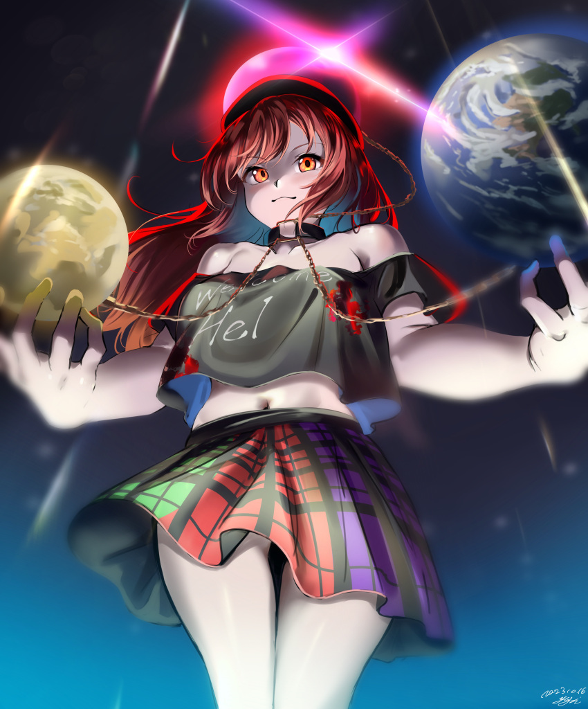 absurdres black_shirt chains choker cowboy_shot earth_(ornament) female hecatia_lapislazuli highres holding moon_(ornament) navel off-shoulder_shirt off_shoulder plaid plaid_skirt red_eyes red_hair shirt skirt standing t-shirt thighs touhou underworld_(ornament) yujin_(kanouyuuto-0423)