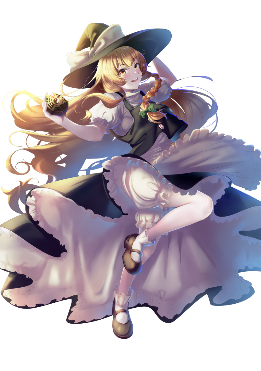 absurdres bad_id bad_pixiv_id black_footwear black_skirt black_vest blonde_hair bloomers bow braid female green_bow hairbow hat highres kirisame_marisa leg_up long_hair mini-hakkero open_mouth shirt single_braid skirt skirt_set socks standing standing_on_one_leg touhou vest white_background white_shirt white_socks witch_hat yellow_eyes yujin_(kanouyuuto-0423)