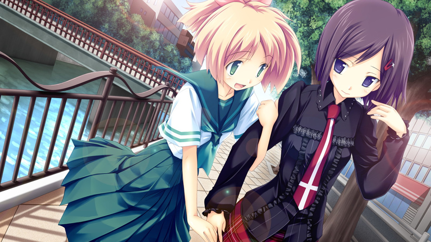 2girls arm_hug asase_mari black_shirt blonde_hair blush bow dress_shirt dutch_angle fue_(tsuzuku) fukami_yurie game_cg goth_fashion green_eyes hair_ornament hairbow hairclip highres multiple_girls necktie open_mouth outdoors plaid plaid_skirt plant ponytail purple_eyes purple_hair school_uniform serafuku shirt short_hair short_ponytail skirt smile tree volume7