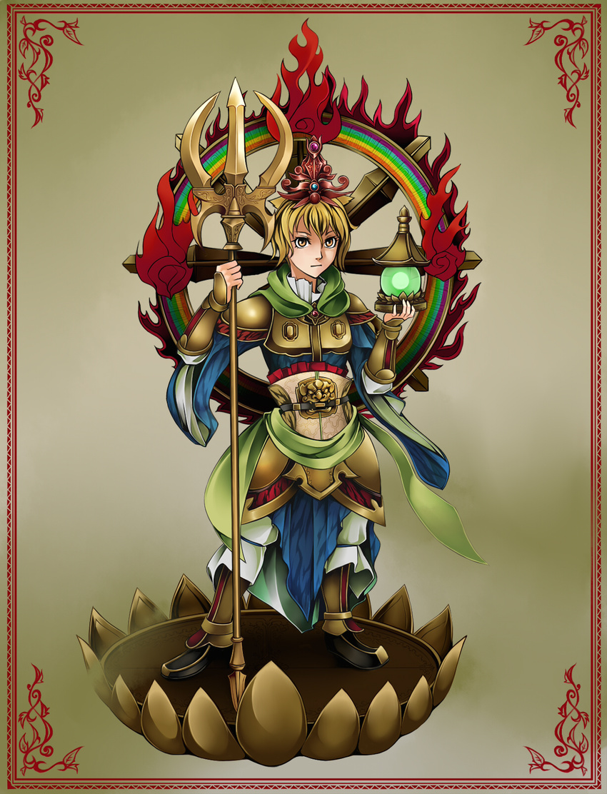 armor bishamonten bishamonten's_pagoda bishamonten_(cosplay) blonde_hair commentary_request cosplay female hair_ornament highres lotus_pedestal multicolored_hair polearm short_hair solo toramaru_shou touhou trident weapon wheel yellow_eyes yukichi_(bancho99)