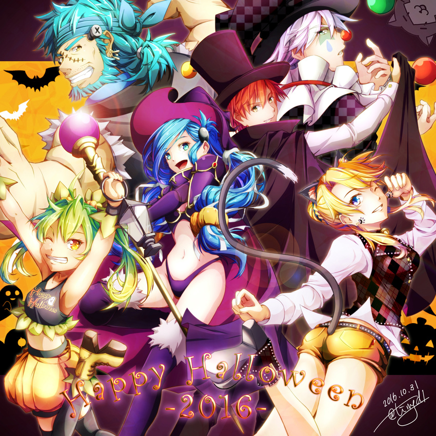 3boys 3girls absurdres adol_christin animal_ears argyle arms_up beard black_hat black_legwear blonde_hair blue_eyes blue_hair cape cat_ears cat_tail clown_nose commentary_request crop_top dana_(ys) dated facial_hair green_hair grin halloween halloween_costume happy_halloween hat headband highres hummel_(ys) lantern laxia_(ys) long_hair low-tied_long_hair multiple_boys multiple_girls navel one_eye_closed panties paw_pose ponytail purple_legwear purple_panties red_hair ricotta_(ys) sahad_(ys) scar shoes short_hair short_shorts shorts signature smile staff tail thighhighs tinybiard top_hat twintails twitter_username underwear white_hair witch_hat yellow_eyes ys ys_viii_lacrimosa_of_dana