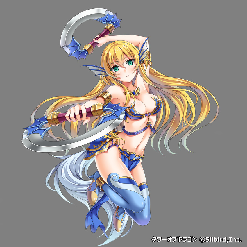 absurdres armor armpits bikini_armor blonde_hair blue_thighhighs breasts cleavage commentary_request female full_body green_eyes grey_background hair_between_eyes highres holding holding_weapon long_hair looking_at_viewer medium_breasts navel photoshop_(medium) simple_background solo thighhighs tower_of_dragon violetshit weapon