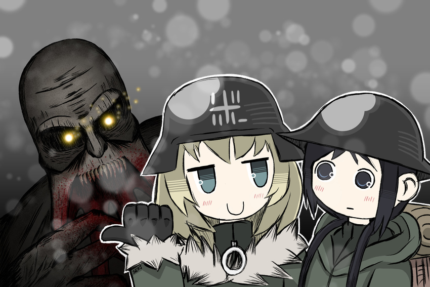 2girls aqua_eyes backpack bag black_eyes black_hair blonde_hair bloodsucker brodie_helmet chito_(shoujo_shuumatsu_ryokou) claws coat combat_helmet commentary crossover english_commentary gloves glowing glowing_eyes helmet highres hood hooded_jacket jacket loss_(meme) meme military_jacket multiple_girls photoshop_(medium) serjatronic shoujo_shuumatsu_ryokou snowing stalker_(game) teeth yuuri_(shoujo_shuumatsu_ryokou)