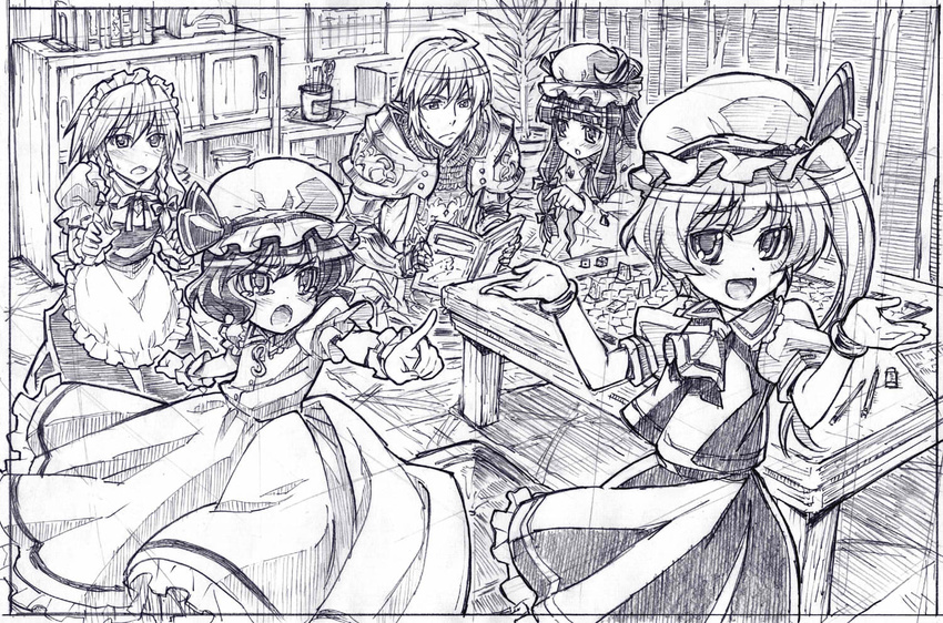 1boy 4girls armor battletech blush board_game book bow bracelet braid buront commentary_request crescent dice final_fantasy final_fantasy_xi flandre_scarlet graphite_(medium) greyscale hairbow hands hat hatching_(texture) izayoi_sakuya jewelry linear_hatching long_hair maid maid_headdress monochrome multiple_girls no_wings patchouli_knowledge pencil playing_games pointing reading remilia_scarlet room sakino_shingetsu short_hair shrugging side_ponytail smile sweatdrop table tabletop_rpg tears the_iron_of_yin_and_yang touhou traditional_media twin_braids wrist_cuffs