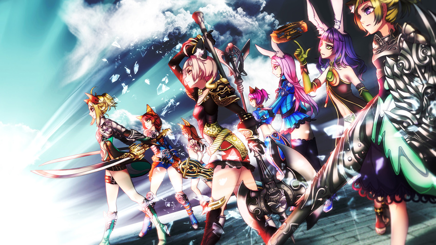 6+girls 96neko_mtm animal_ears archer_(tera_online) armor axe berserker_(tera_online) blonde_hair boots brown_hair cat_ears cloud commentary_request dog_ears dress dual_wielding elbow_gloves elin fighting_stance gloves green_eyes holding huge_weapon knee_boots lance lancer_(tera_online) midriff multiple_girls mystic_(tera_online) no_tail panties pink_eyes pink_hair polearm priest_(tera_online) purple_hair rabbit_ears red_eyes sandals shield shoes short_dress short_hair short_twintails shorts sky slayer_(tera_online) sorcerer_(tera_online) staff sword tera_online thigh_strap thighhighs twintails underwear warrior_(tera_online) weapon