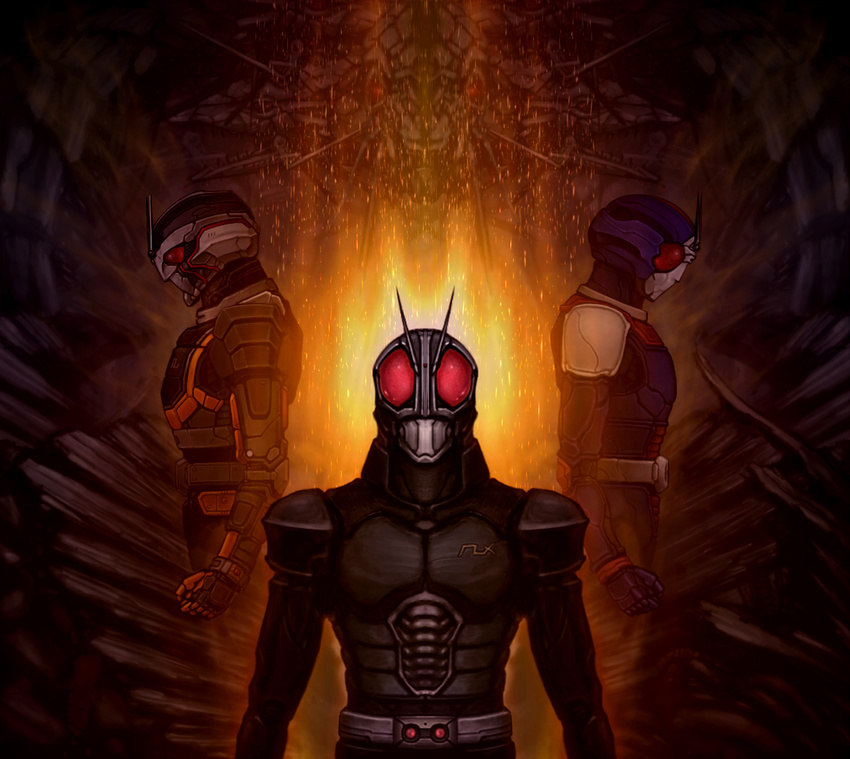 3boys antennae biorider bodysuit commentary_request helmet kamen_rider kamen_rider_black_rx kamen_rider_black_rx_(series) katou_yuu looking_at_viewer male_focus md5_mismatch multiple_boys multiple_persona photoshop_(medium) red_eyes roborider upper_body