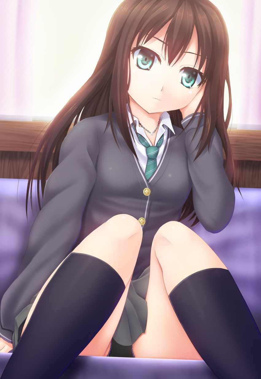 aqua_eyes bad_id bad_pixiv_id black_panties brown_hair cardigan female highres idolmaster idolmaster_cinderella_girls kneehighs long_hair necktie noshimasa panties panty_peek pantyshot photoshop_(medium) plaid plaid_necktie school_uniform shibuya_rin sitting skirt socks solo underwear