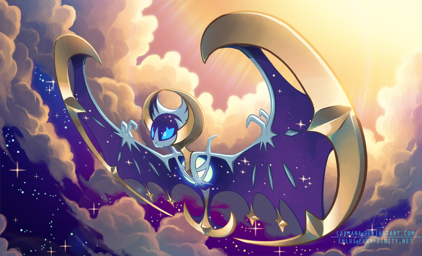 blue_eyes cloud cloudy_sky commentary english_commentary flying full_body lanmana lunala no_humans photoshop_(medium) pokemon pokemon_(creature) sky solo watermark web_address