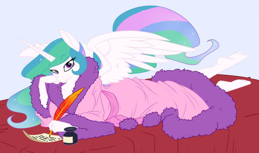 2015 alicorn anthro anthrofied bathrobe bed best_princess breasts clothing equid equine feathered_wings feathers feet female friendship_is_magic fur furniture hair hasbro horn inkwell letter looking_at_viewer loose_feather lying mammal multicolored_hair multicolored_tail my_little_pony mythological_creature mythological_equine mythology paper pen pose princess princess_celestia_(mlp) purple_eyes quill robe royalty smile solo sparkles spiderweber tail white_body white_feathers white_fur wings writing_text