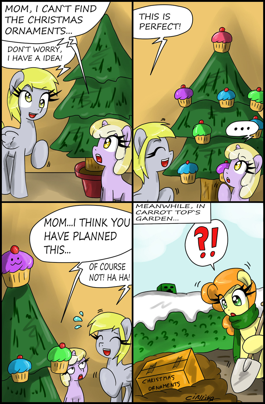 2012 ?! absurd_res blonde_hair box carrot_top_(mlp) christmas christmas_tree christmas_tree_topper ciriliko container creeper_(minecraft) crossover derpy_hooves dialogue dinky_hooves_(mlp) earth_pony ellipsis english_text equid equine exclamation_point feathered_wings feathers female feral food friendship_is_magic green_eyes grey_body grey_feathers group hair hasbro hi_res holidays horn horse inside mammal microsoft minecraft mojang muffin my_little_pony mythological_creature mythological_equine mythology orange_hair outside pegasus plant pony question_mark scarf shovel snow text tools tree unicorn wings xbox_game_studios yellow_eyes young young_feral