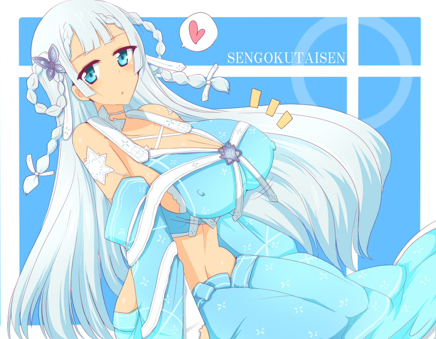 bad_id bad_pixiv_id bare_shoulders blue_eyes blue_hair blue_theme bra braid breasts copyright_name covered_nipples curvy detached_sleeves female heart huge_breasts long_hair long_skirt myourenfujin navel sengoku_taisen sitting skirt solo speech_bubble spoken_heart underwear wedge_(tyrl_stride)