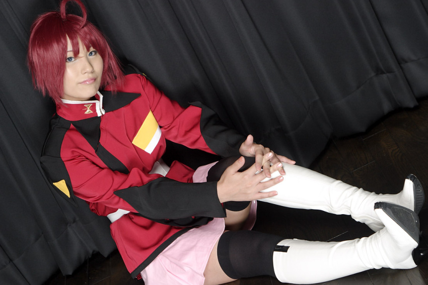 boots cosplay gun gundam gundam_seed gundam_seed_destiny lunamaria_hawke photo red_hair red_hair suzukaze_yuuki thigh-highs thighhighs uniform weapon