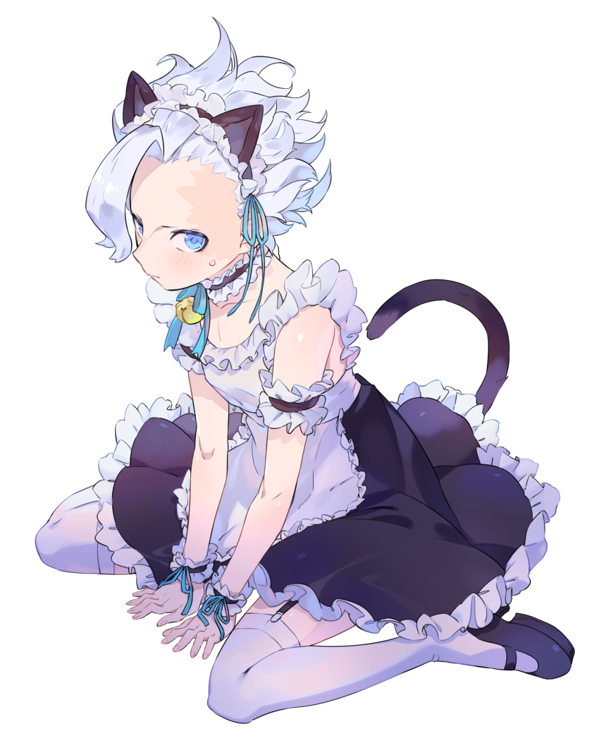 alternate_costume armbands belaf bell_collar blue_eyes blush burn_scar cat_ears cat_tail catboy choker crossdressing curly_hair embarrassed facial_scar femboy frills fully_clothed garter_straps girly looking_at_viewer made_in_abyss maid maid_headdress maid_uniform male male_only maromayu no_eyebrows silver_hair sitting solo sweatdrop thighhighs trap wariza white_legwear white_thighhighs wrist_cuffs