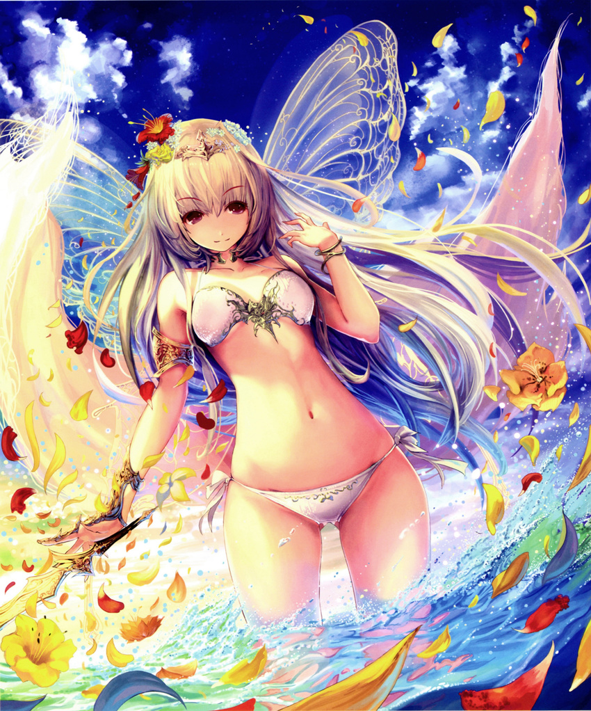 absurdres aria_(shingeki_no_bahamut) bare_shoulders bikini blonde_hair blue_sky bracelet breasts butterfly_wings day eyebrows female flower glint hair_flower hair_ornament hibiscus highres insect_wings jewelry long_hair medium_breasts navel petals petals_on_liquid photoshop_(medium) purple_eyes scan shingeki_no_bahamut side-tie_bikini_bottom sky smile solo splashing swimsuit sword tachikawa_mushimaro tiara very_long_hair wading water weapon white_bikini wings