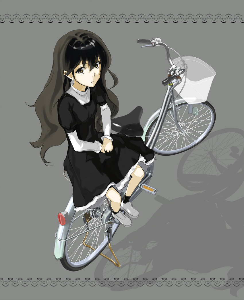 bicycle black_dress black_hair brown_hair closed_mouth commentary_request dress female from_above full_body grey_background hair_between_eyes highres jaga layered_sleeves long_hair looking_up nimouto shadow sidesaddle simple_background sitting solo usotsuki_mii-kun_to_kowareta_maa-chan white_footwear