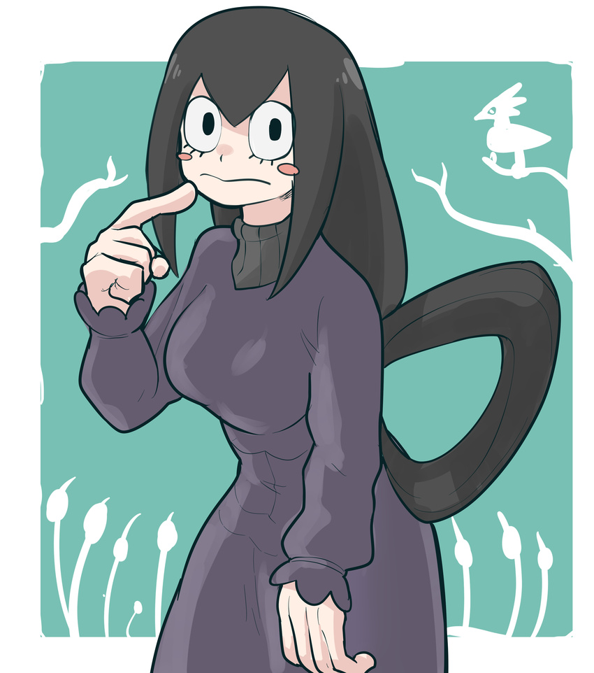 absurdres asui_tsuyu black_eyes blue_background blush_stickers boku_no_hero_academia border breasts cosplay dress female female friend-san green_hair hand_up hex_maniac_(pokemon) hex_maniac_(pokemon)_(cosplay) long_hair long_sleeves looking_at_viewer medium_breasts pokemon pokemon_(game) pokemon_xy purple_dress simple_background solo standing turtleneck turtleneck_dress two-tone_background white_border