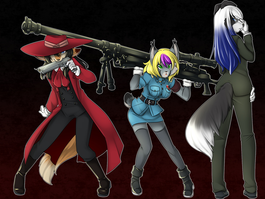 4:3 alucard_(hellsing) anthro bfg canid canine canis cosplay domestic_dog eyewear felid feline female fox glasses group gun hellsing integra janice_carter lynx mammal rachel_larose ranged_weapon sarah_fulton seras_victoria spazzykoneko weapon